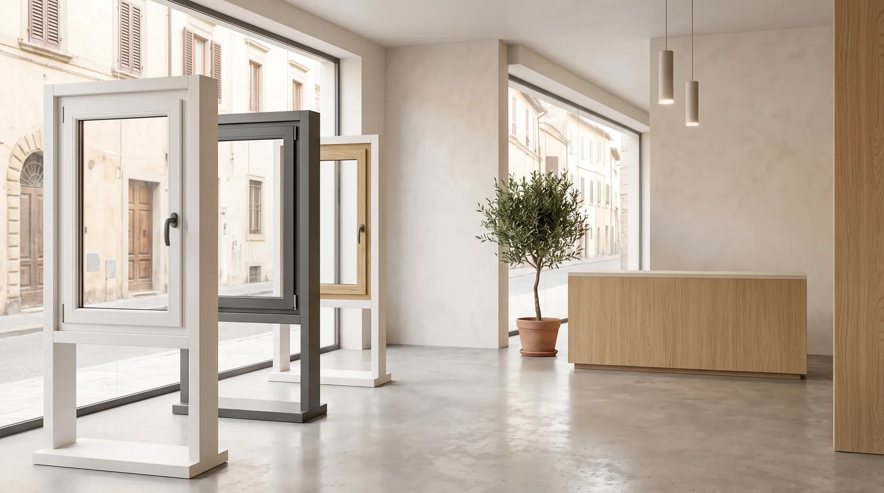 Showroom di serramenti con campioni in esposizione